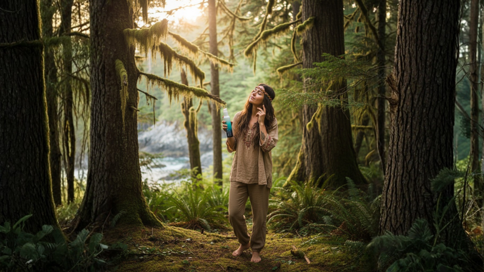 A hippy looking lady applying Fir Cedar Flora Everything Oil barefoot in a forest on the west coast of vancouver island.