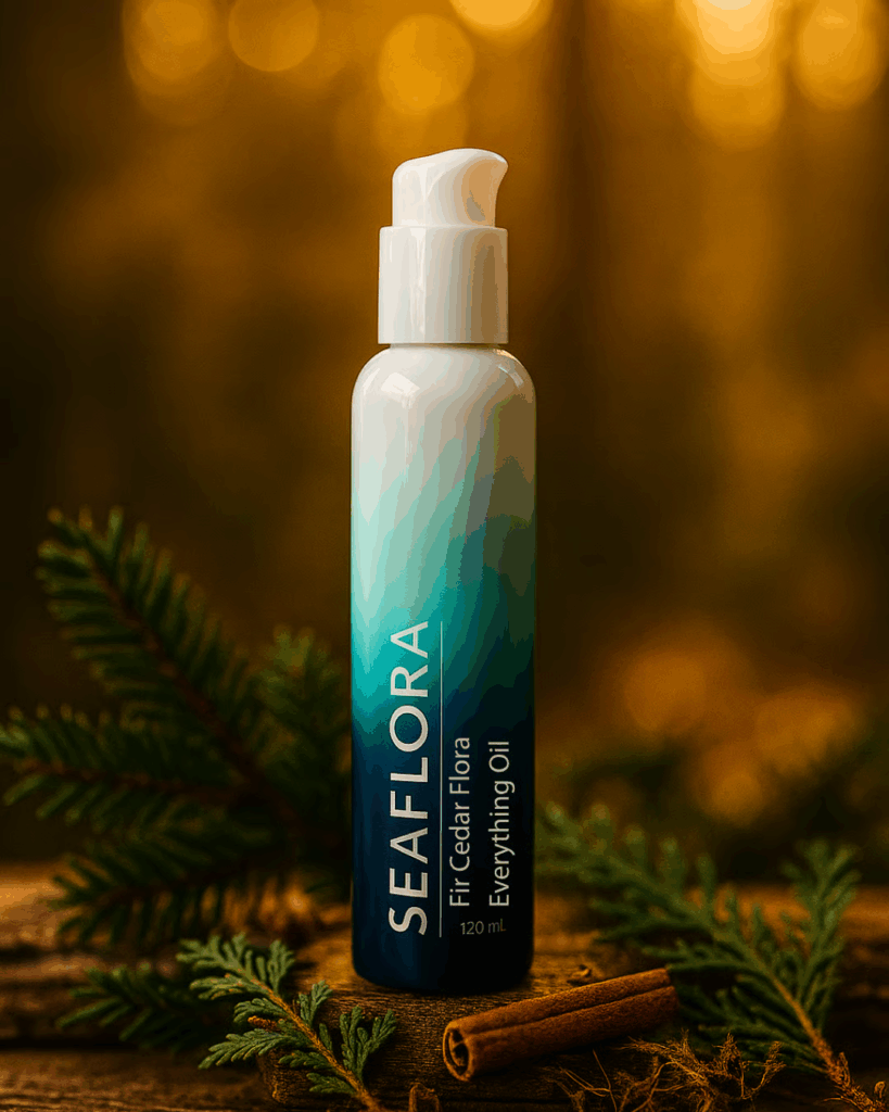 A bottle of Seaflora's Fir Cedar Flora Everything Oil sits on a bed of green moss in a Pacific Northwest forest. The bottle is surrounded by its natural ingredients: fir and cedar sprigs, and a cinnamon stick.