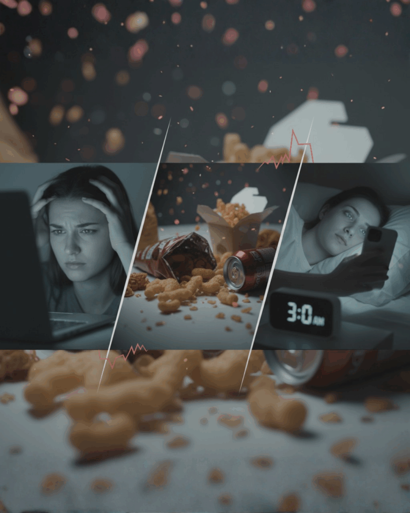 Modern-Life-Stressors-Skin-Gut-Brain - Seaflora Skincare Alt Text (SEO/Accessibility): Collage of modern stressors including a person stressed at a laptop, unhealthy fast food, and a person sleeplessly scrolling phone at 3 AM.