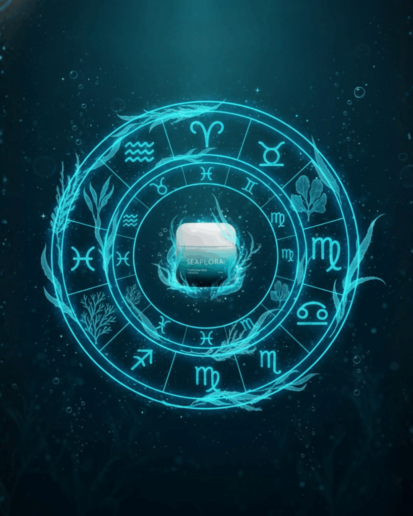 Zodiac Skincare Match: Seaflora's Cosmic Seaweed Wheel - Seaflora Skincare Stylized zodiac wheel illustration where the constellation patterns are formed by glowing, vibrant strands of Pacific seaweeds against a deep blue-green, starry ocean background. A Seaflora product jar is integrated into the center.