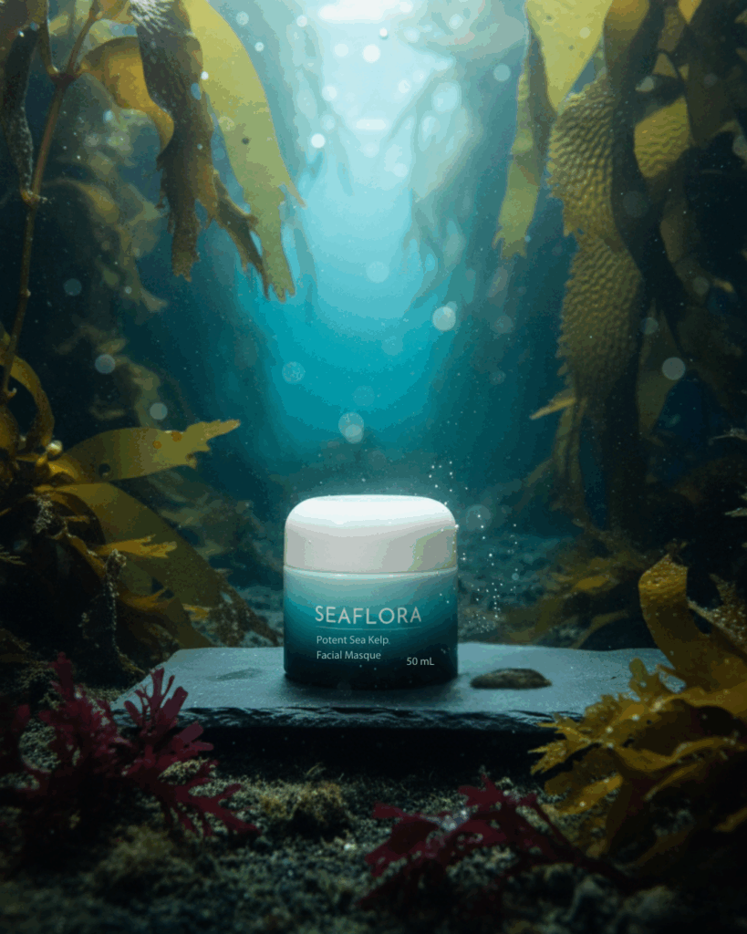 Seaflora-Potent-Sea-Kelp-Facial-Masque-Detox-Gut-Skin-Axis - Seaflora Skincare Alt Text Potent Sea Kelp Facial Masque jar amidst deep, vibrant kelp forests, signifying its detoxifying benefits for skin health and gut-related inflammation.