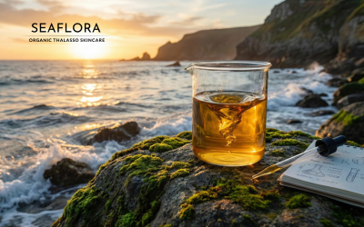 Glass laboratory beaker filled with glowing golden seaweed extract sitting on a rugged coastal rock with crashing ocean waves in the background, symbolizing marine bioactive science.