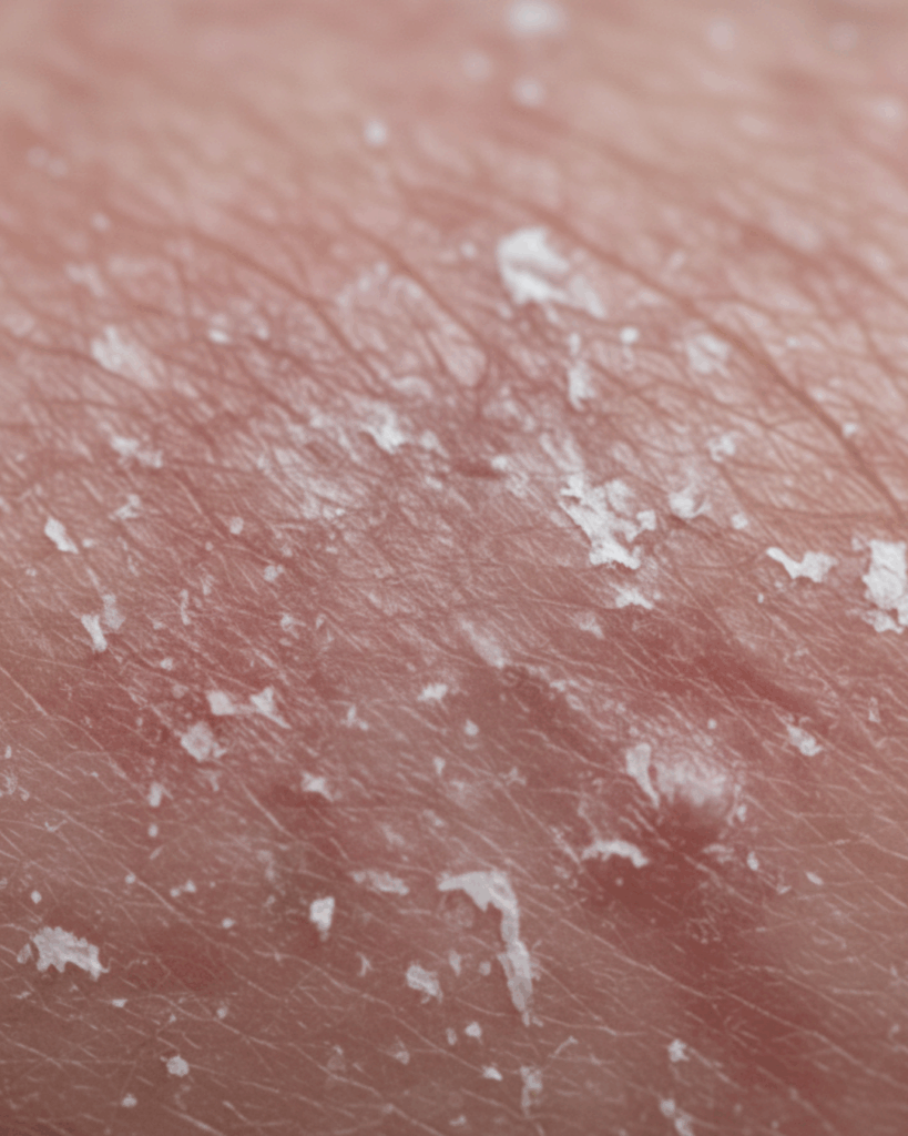 Macro close-up of dry, irritated skin with visible redness and flaking, showing a damaged skin barrier from harsh exfoliation.