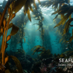 Sunbeams piercing through a dense underwater forest of golden bull kelp in the deep ocean.