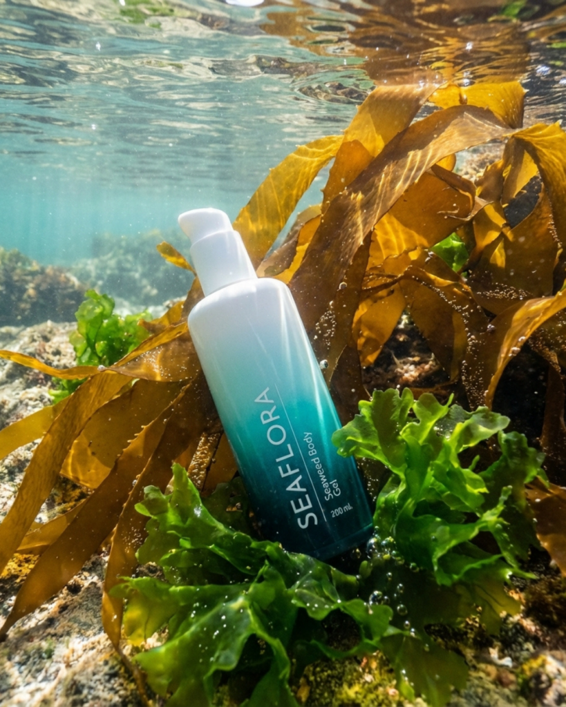 Seaflora Seaweed Body Gel bottle partially submerged in clear tidal water among natural wild bull kelp and sea lettuce.