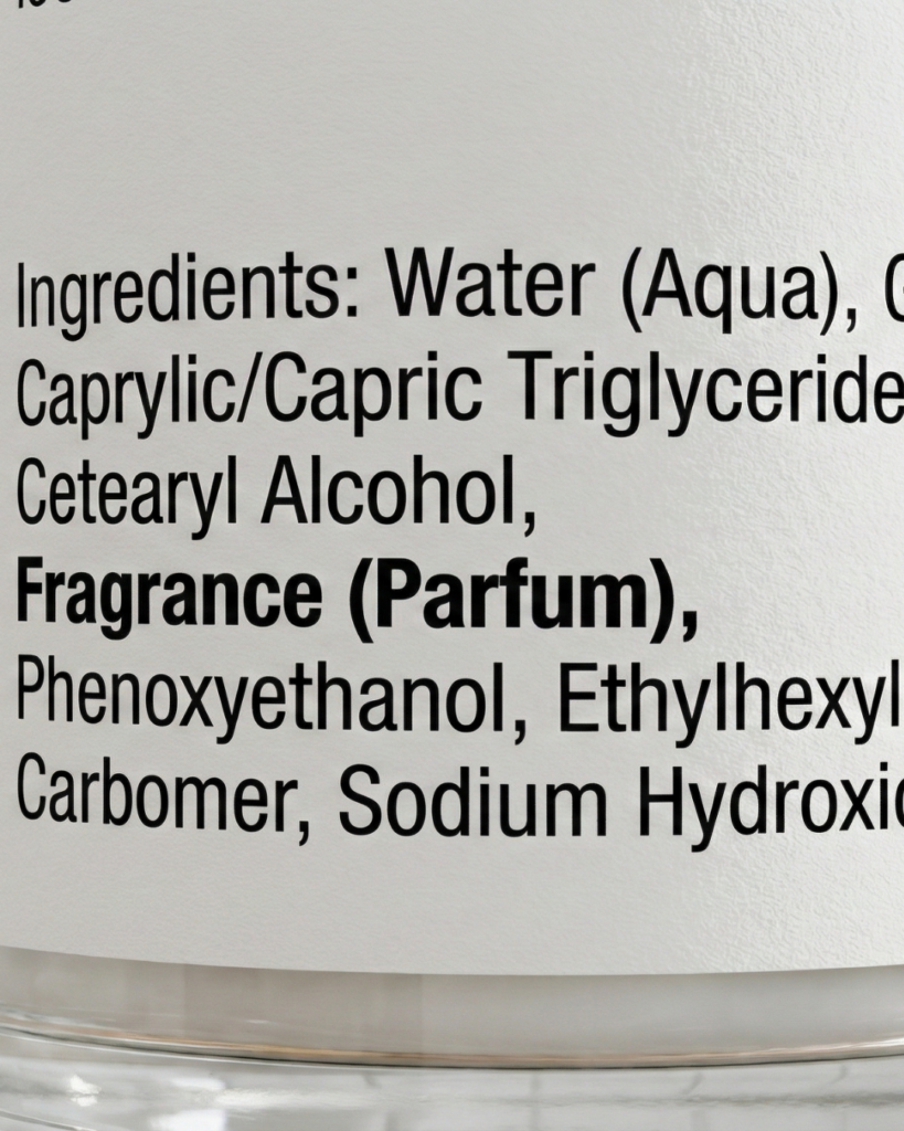 Close-up macro photography of a white skincare label highlighting the ingredient "Fragrance (Parfum)" in bold text.
