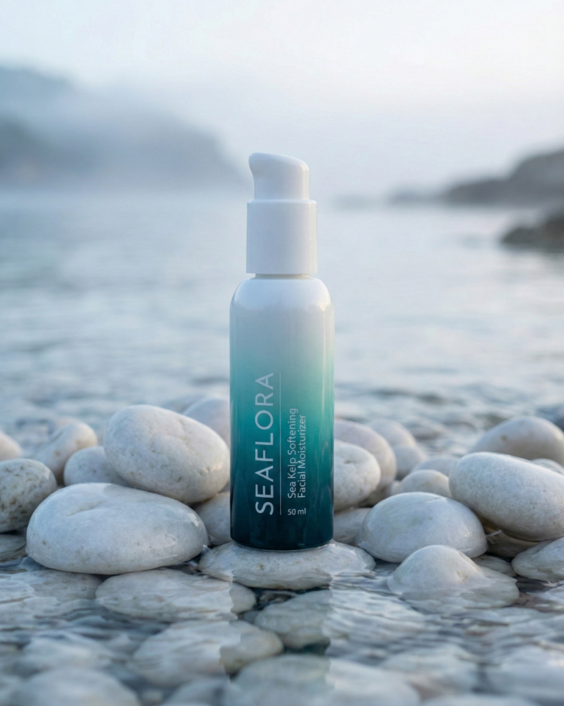 Seaflora Sea Kelp Softening Facial Moisturizer bottle resting on white natural ocean stones near misty water at dawn.