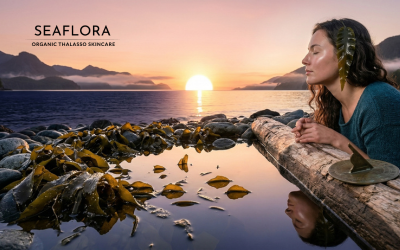 Syncing Your Biological Clock with the Ocean - Seaflora Skincare A wide-angle landscape of a woman facing the rising sun on a rocky beach, with glistening Winged Kelp (Alaria marginata) in a tide pool and a sundial on driftwood symbolizing circadian alignment.