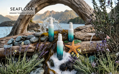 A comprehensive flat lay of three Seaflora bottles—Cleanser, Toner, and Moisturizer—arranged with an orange starfish, sea foam, lavender, and bull kelp on a driftwood arch overlooking a bay.